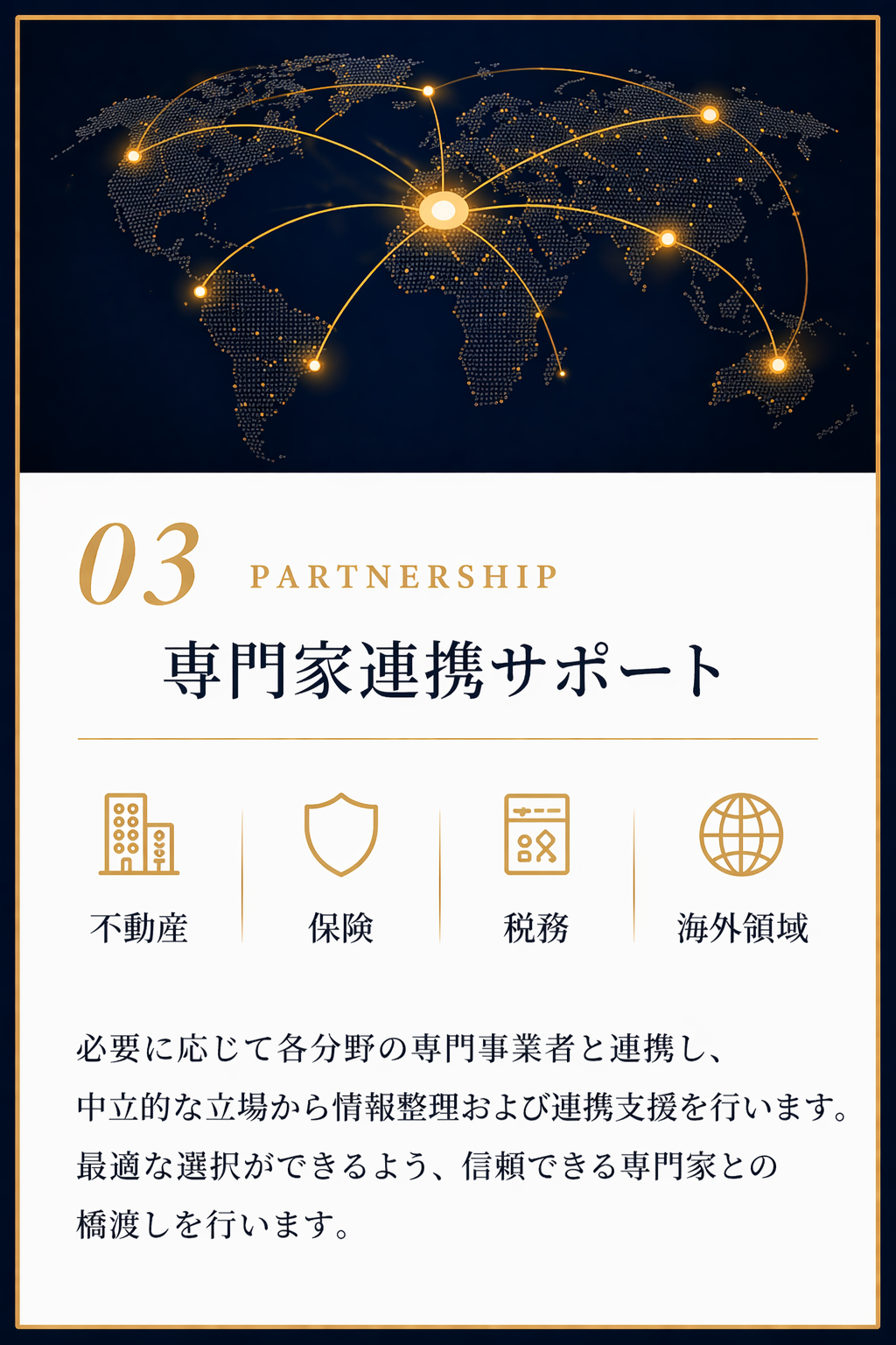 03 専門家連携サポート：必要に応じて各分野の専門事業者と連携し、中立的な立場から情報整理および連携支援を行います。